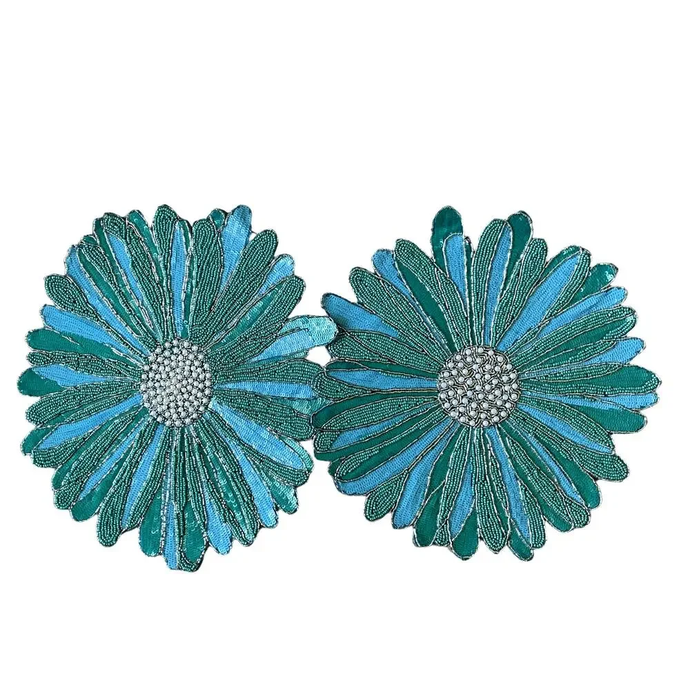 TAHARI HOME Glass Hand Beaded Charger Placemat 15in Blue Green Silver Floral NEW